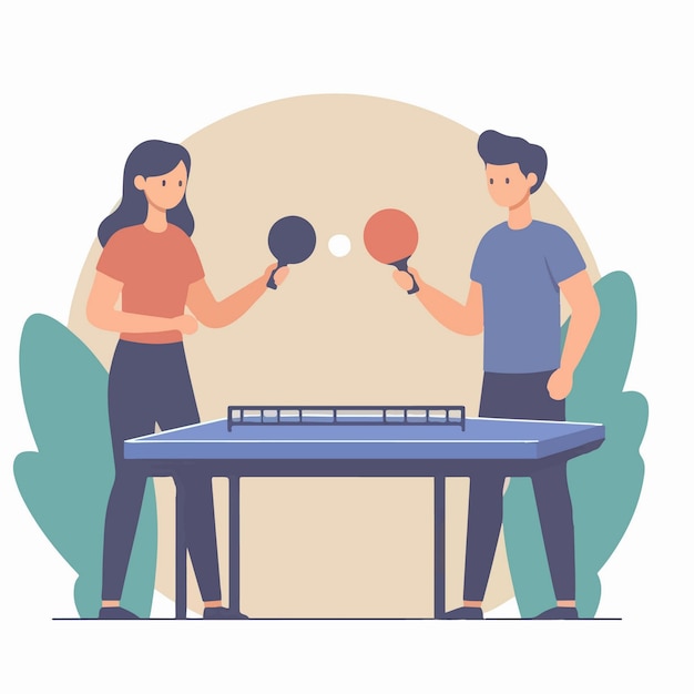 Vecteur dessin animé d'un jeune homme et d'une jeune femme jouant au tennis de table dans un style de conception plat