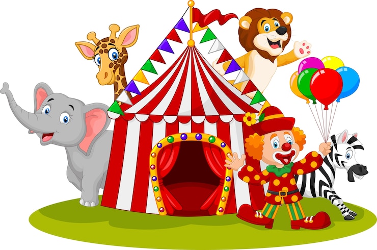 Vecteur dessin animé joyeux animal cirque et clown