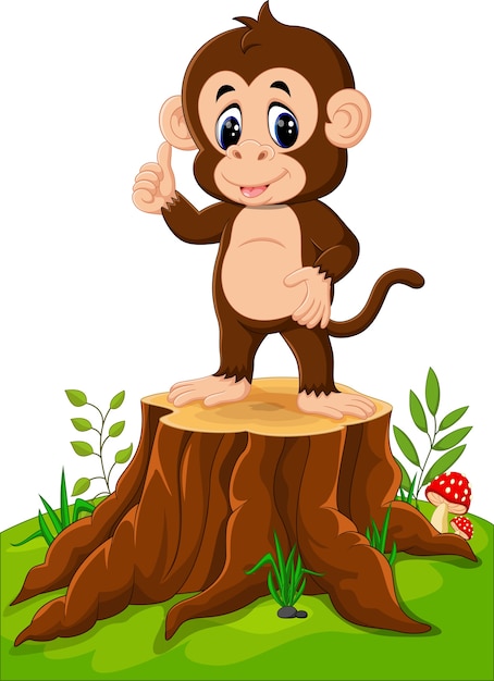 Dessin Animé Joyeux Singe Présentant Sur Une Souche D'arbre