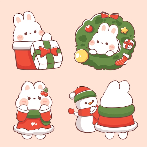 Dessin animé kawaii d'éléments de Noël de lapin mignon