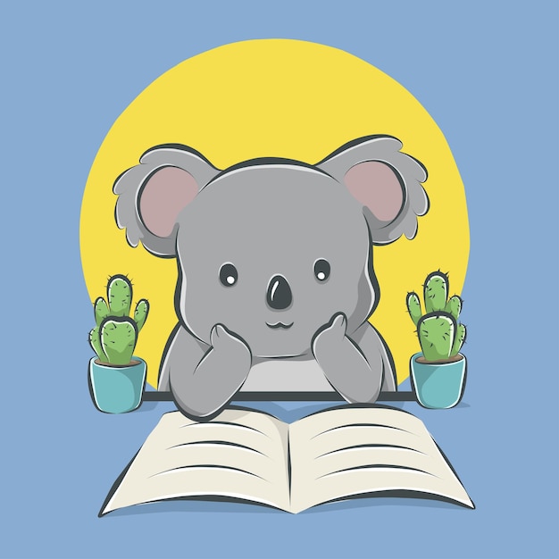 Vecteur dessin animé koala lisant un livre sur le bureau