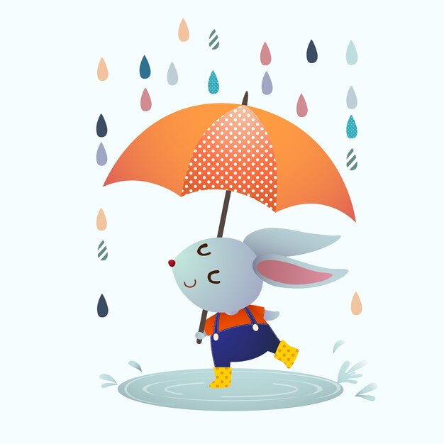 dessin animé lapin gris éclaboussant dans une flaque d'eau en jour de pluie.