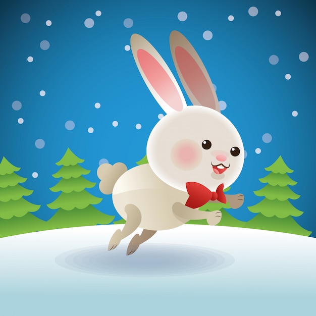 Vecteur dessin animé de lapin avec l'icône de pins sur fond de neige