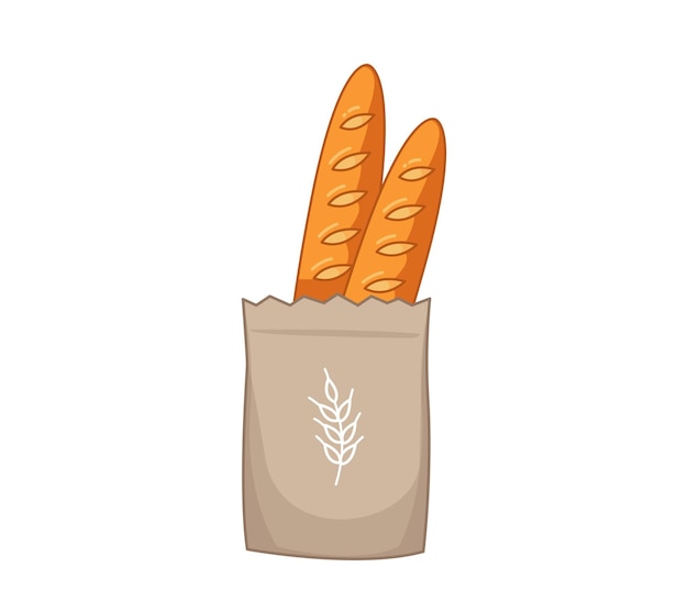 Dessin animé long pain et miches de pain dans un sac en papier kraft Le concept de la cuisson à la maison