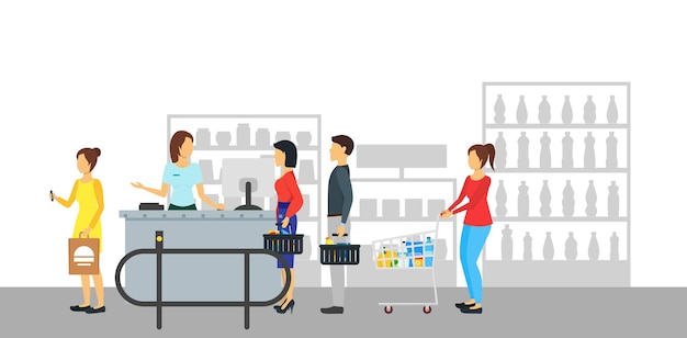 Dessin animé magasin comptoir bureau bannière carte affiche magasin de détail ou supermarché Service Concept Design plat Style sur une illustration vectorielle blanche