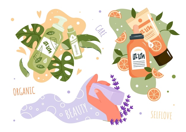 Vecteur dessin animé main humaine tenant une barre de savon à la lavande produits cosmétiques naturels à partir d'herbes plantes fleurs et feuilles soins de la peau spa isolés sur blanc