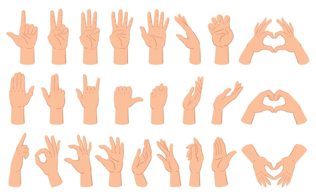 Vecteur dessin animé mains geste main pose pouce vers le haut et comptage des gestes les gestes de la main humaine comptent et croisent les doigts vector illustration set communication gestuelle de la main