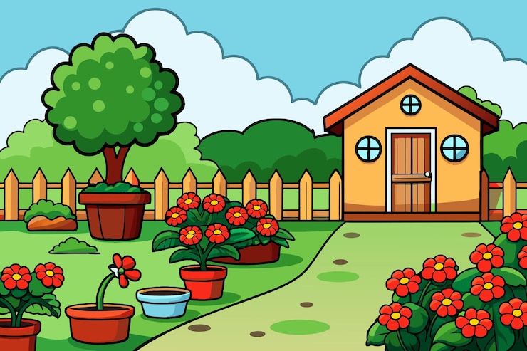 Vecteur un dessin animé d'une maison avec des fleurs et une clôture avec un arbre en arrière-plan