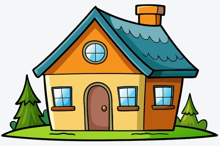 Vecteur un dessin animé d'une maison avec un toit bleu et un toit bleu