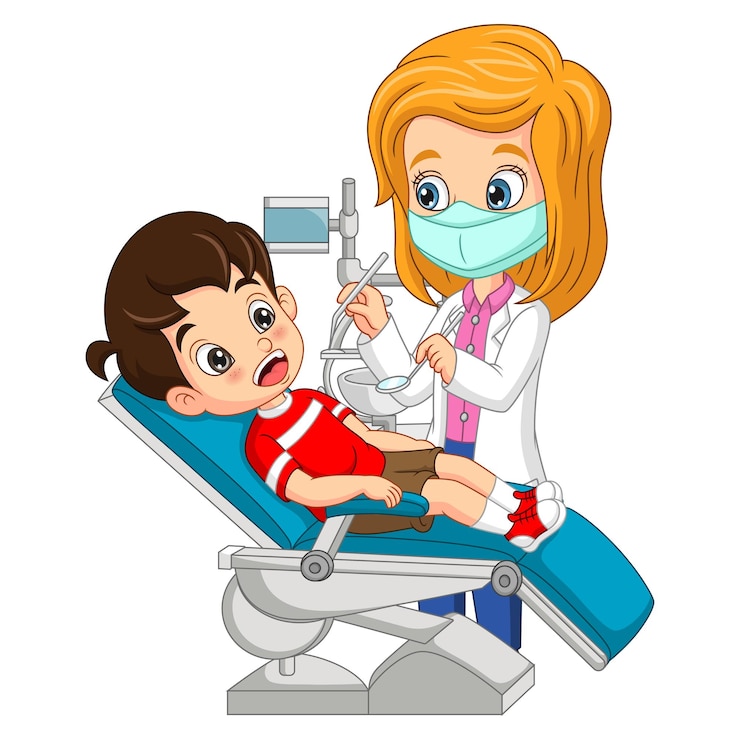 Vecteur dessin animé médecin dentiste vérifiant les dents du garçon