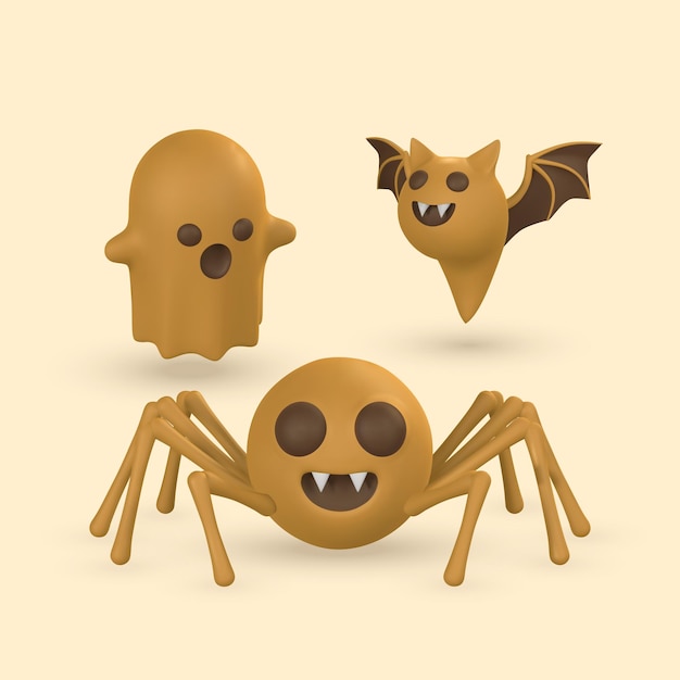 Dessin animé mignon 3d chauve-souris fantôme d'Halloween et araignée concept d'Halloween Illustration vectorielle