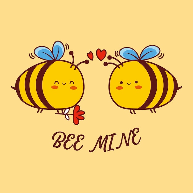 Vecteur dessin animé mignon abeille avec coeur sur illustration vectorielle fond jaune