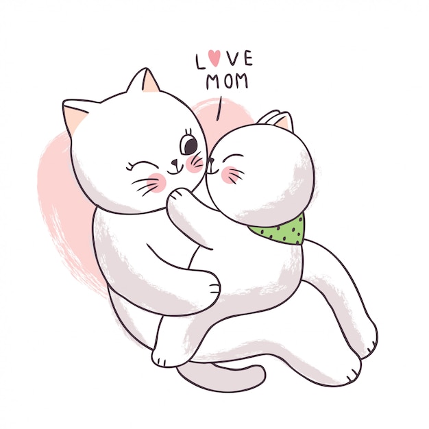 Dessin Animé Mignon Adorable Mère Et Bébé Chat S'embrassant.