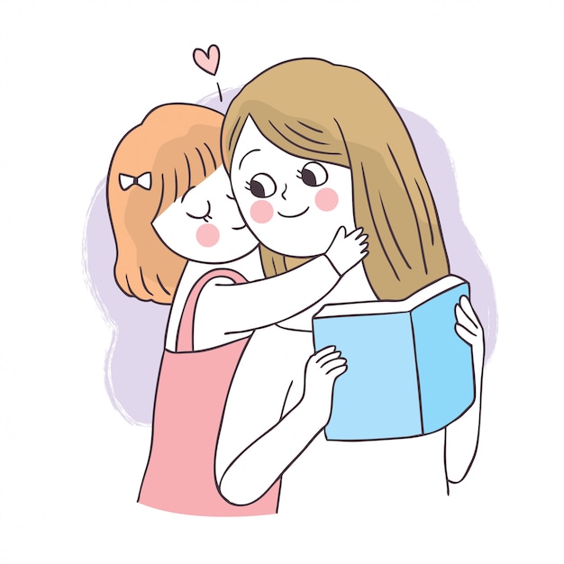 Dessin animé mignon adorable mère et fille lisant le livre.