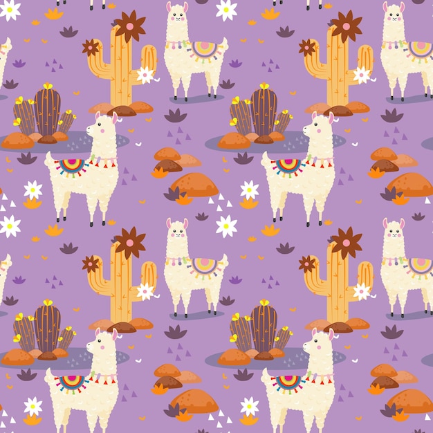 Vecteur dessin animé mignon alpagas fleurs et cactus seamless pattern pérou paysage