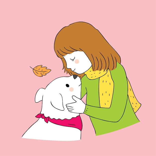 Dessin Animé Mignon Automne Femme Baiser Vecteur De Chien.