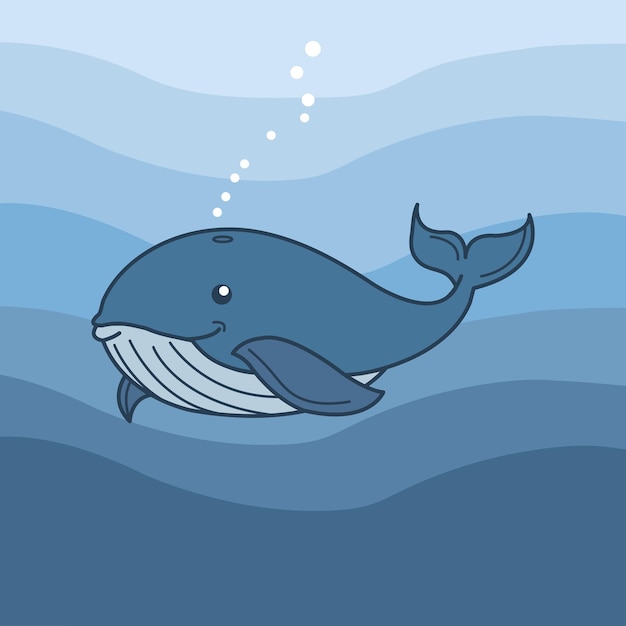 Dessin animé mignon de baleine comme animal marin flottant sous l'eau