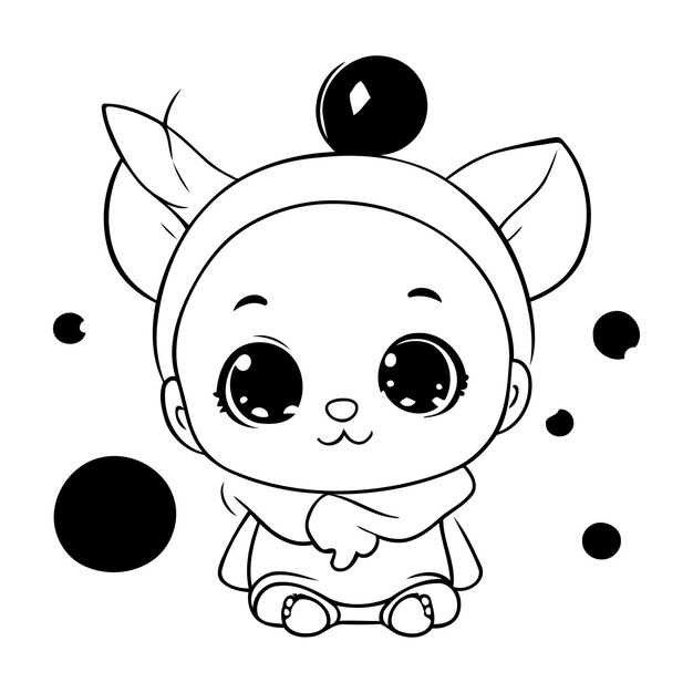 Vecteur dessin animé mignon bébé cerf kawaii en conception graphique d'illustration vectorielle noir et blanc