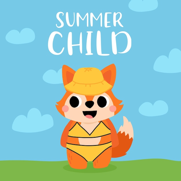 Dessin animé mignon bébé renard en chapeau et maillot de bain souriant Illustration vectorielle d'été pour t-shirt affiche de livre pour enfants