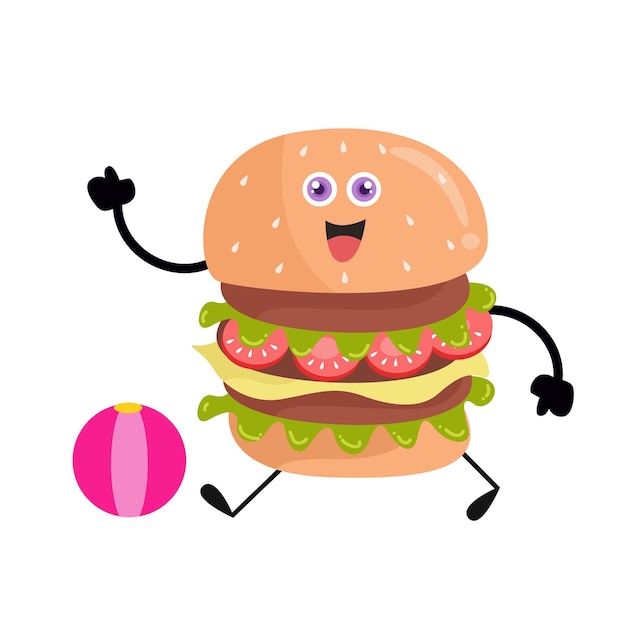 Dessin animé mignon burger avec diverses activités Illustration vectorielle de style moderne Isolé sur fond blanc