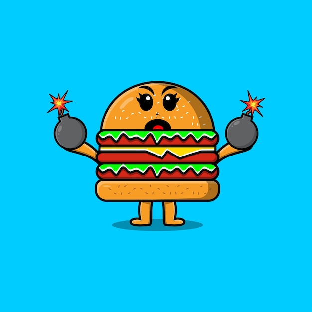 Dessin Animé Mignon Burger Tenant Une Bombe Avec Une Expression Effrayée Dans Un Style Plat Et Moderne