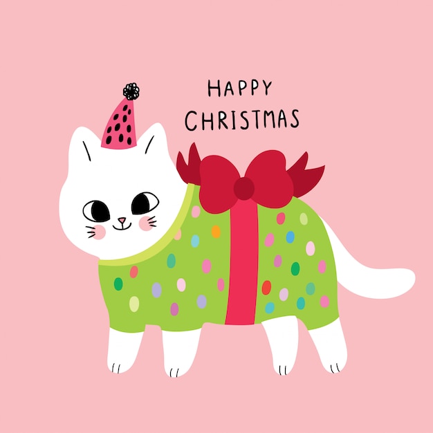 Dessin Animé Mignon Chat Et Cadeau De Noël.