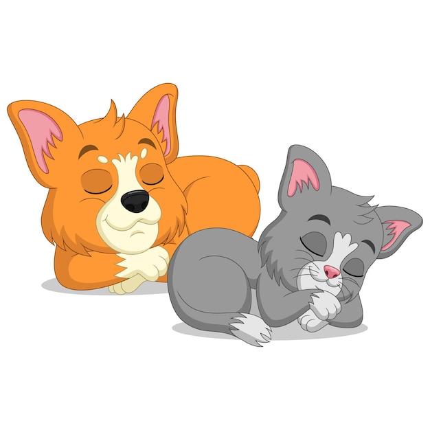 Vecteur dessin animé mignon chat et chien corgi endormi