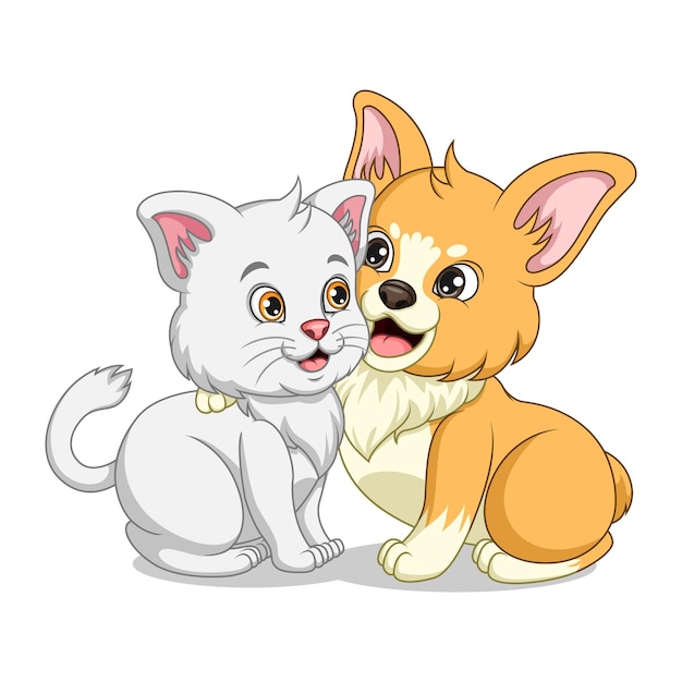 Dessin Animé Mignon Chat Et Chien Corgi Meilleur Ami Pour Toujours