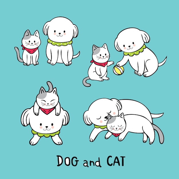 Dessin Animé Mignon Chat Et Chien Ensemble