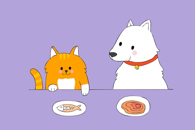 Dessin Animé Mignon Chat Et Chien Mangeant Vecteur.