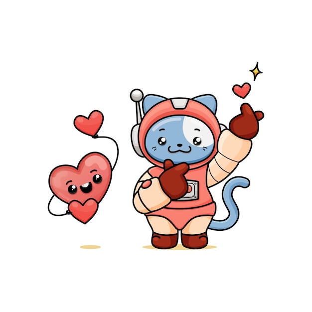 Un Dessin Animé Mignon De Chat Dans Un Costume D'astronaute Avec Un Signe D'amour De Doigt Et Une Mascotte D'amour