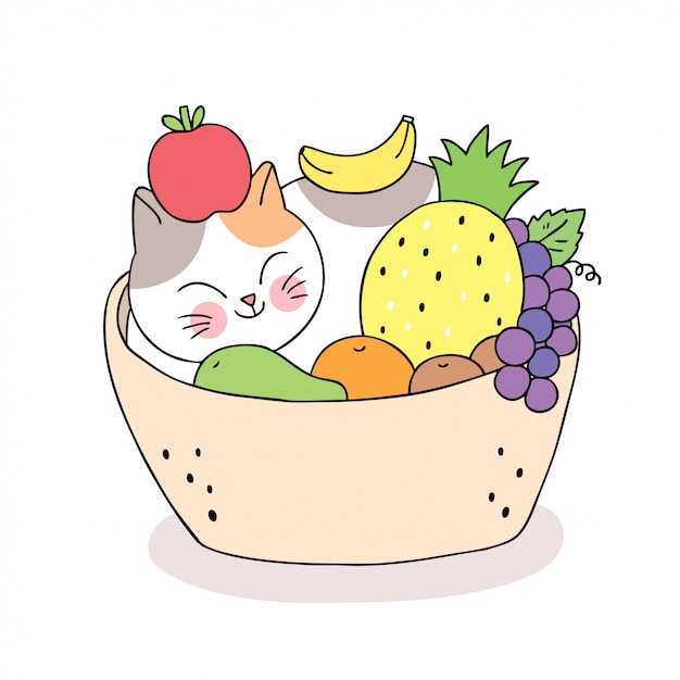 Dessin Animé Mignon Chat Dormant Et Fruits Dans Le Panier