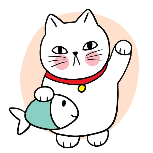 Dessin Animé Mignon Chat Drôle Et Vecteur De Poisson.