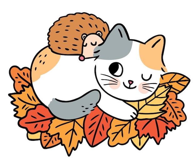 Dessin Animé Mignon Chat Et Hérisson Dorment Sur Le Vecteur De Feuilles