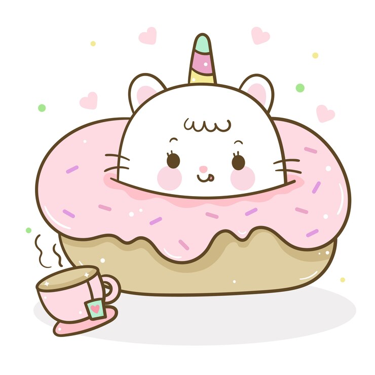 Vecteur dessin animé mignon chat licorne sur le dessert pour le café