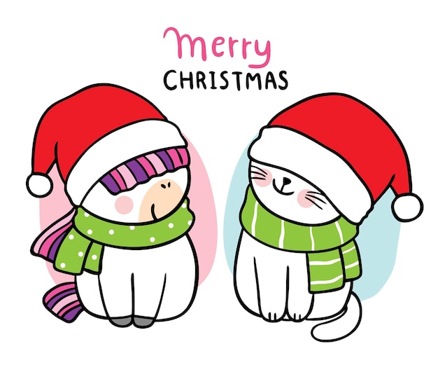 Dessin Animé Mignon Chat De Noël Et Bonne Année Et Licorne En Vecteur De Chapeau De Gnome