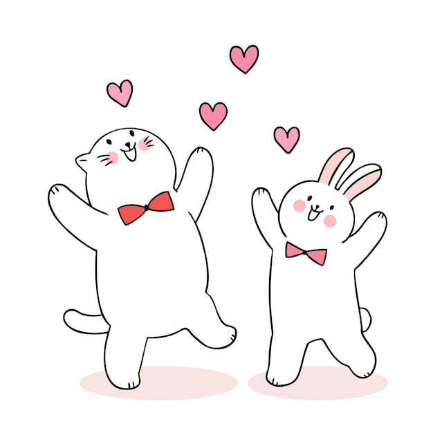 Vecteur dessin animé mignon chat de saint valentin et lapin et coeurs vecteur.