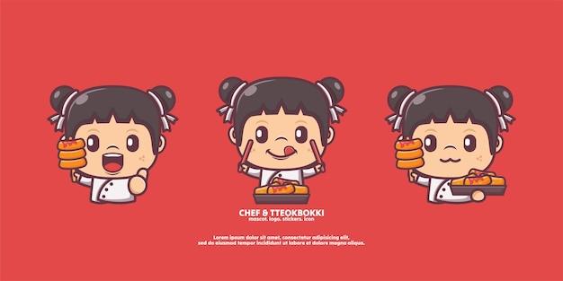 dessin animé mignon de chef avec illustration vectorielle de cuisine coréenne tteokbokki