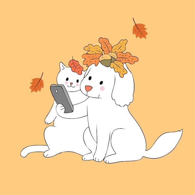 Dessin Animé Mignon Chien D'automne Et Chat Vecteur Selfie.