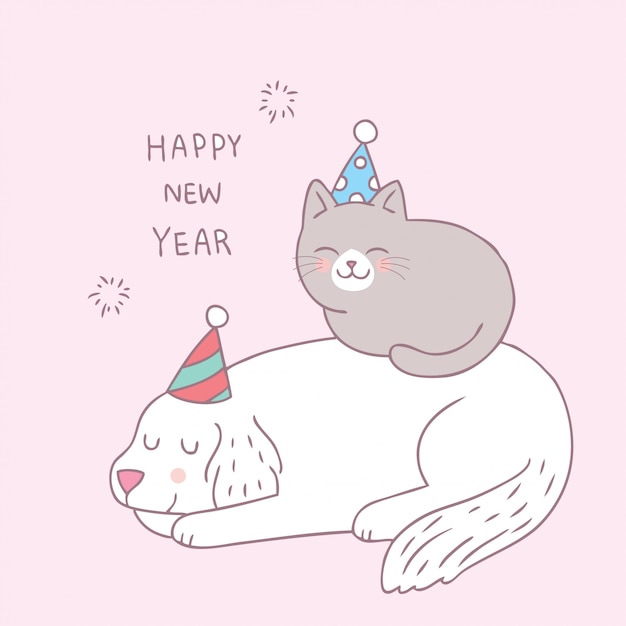 Dessin Animé Mignon Chien Et Chat Vecteur Bonne Année.