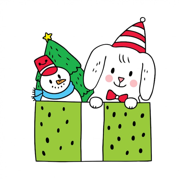 Dessin Animé Mignon Chien De Noël Et Jouet En Boîte.