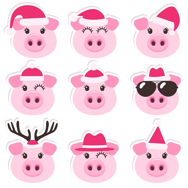 Dessin animé mignon cochons avec des chapeaux de Noël Santa