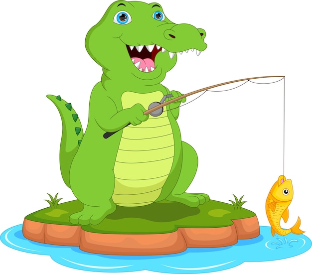 Vecteur dessin animé mignon crocodile pêche sur fond blanc