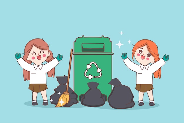 Dessin Animé Mignon Doodle Enfants étudiant Gardant Les Déchets Pour Recycler Sauver Le Monde Sauver L'environnement