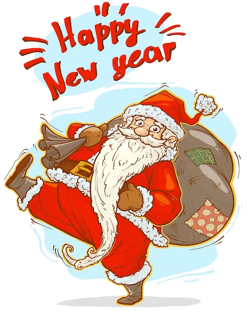 Dessin animé mignon drôle de père Noël barbu en costume rouge et casquette avec grande boîte cadeau de vacances. Isolé sur fond blanc. Icône de vecteur de nouvel an et Noël.