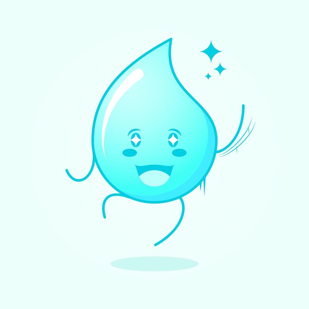 Dessin Animé Mignon De L'eau Avec Une Expression Heureuse. Sauter, Une Main Levée, La Bouche Ouverte Et Les Yeux Pétillants