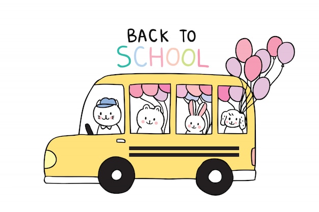 Dessin Animé Mignon à L'école Des Animaux Et Des Autobus Scolaires