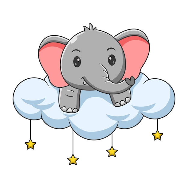 Dessin Animé Mignon D'éléphant Au-dessus Des Nuages Vector Icon Illustration