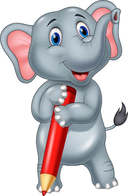 Dessin Animé Mignon éléphant Tenant Un Crayon Rouge