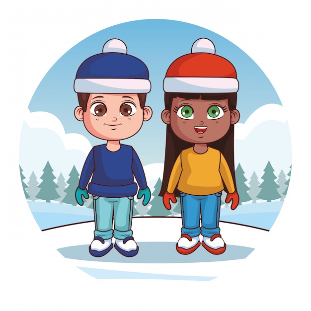 Vecteur dessin animé mignon enfants d'hiver